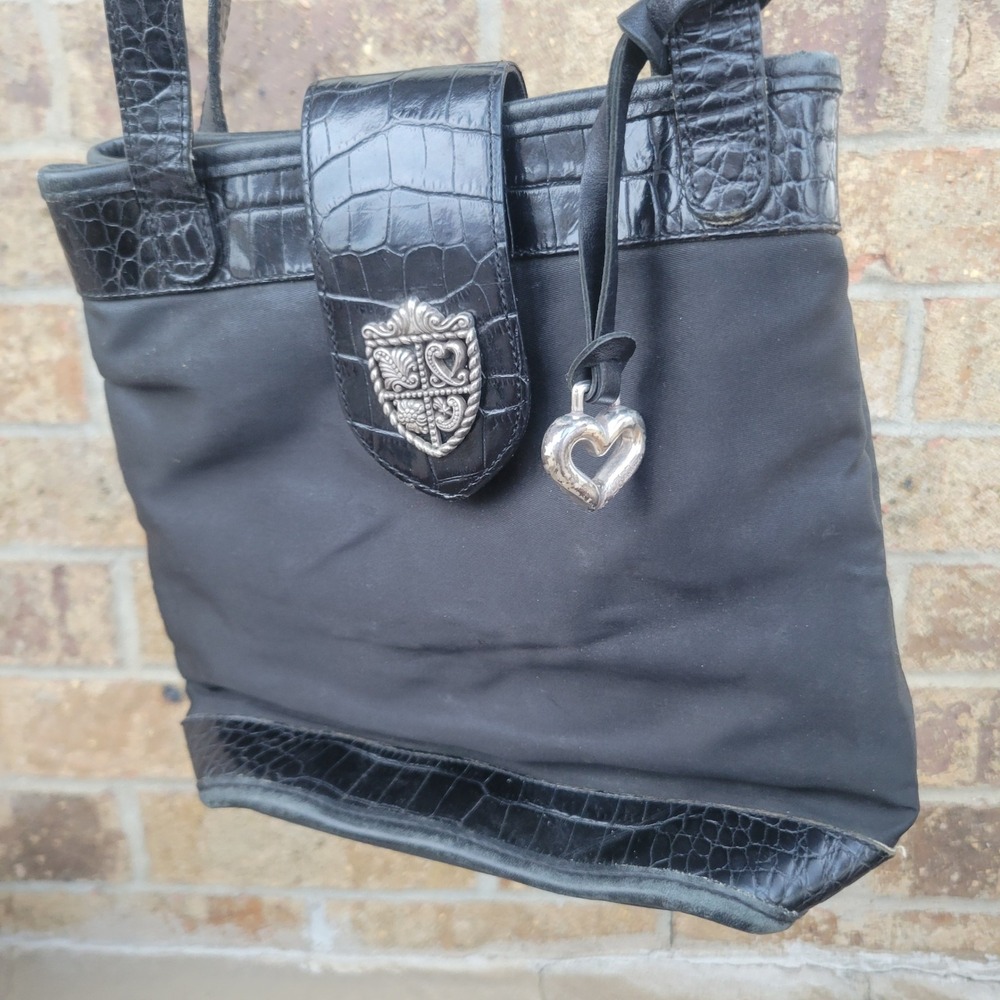 Brighton Shoulder Bag Women Medium Black Nylon Croc Leather Trim Heart Crest Bag